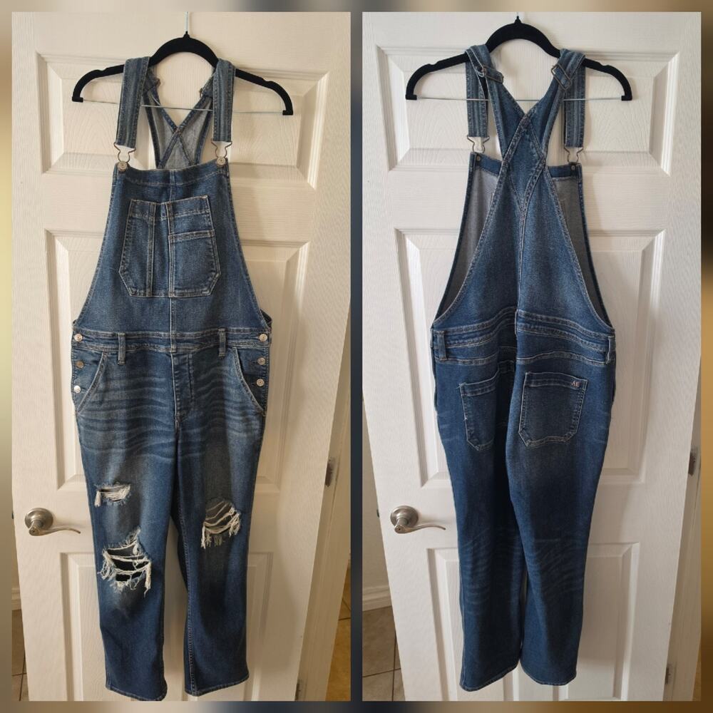 American Eagle Denim Bib Overalls SZ L Tomgirl Baggy Boyfriend Distress Drapey